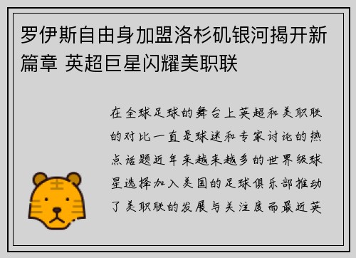 罗伊斯自由身加盟洛杉矶银河揭开新篇章 英超巨星闪耀美职联